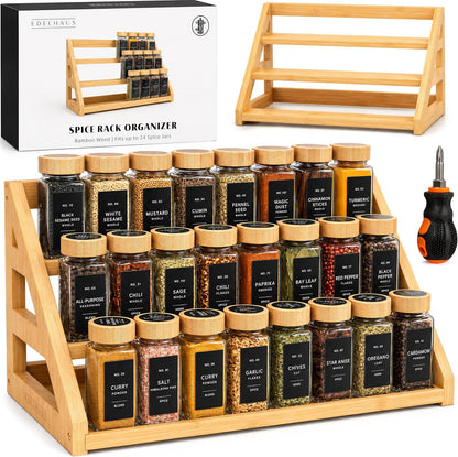 Bamboo Spice Drawer Organizer - Expandable 4 Tier Spice Rack (Need 3" Deep Drawer) 12" to 24" Wide, Seasoning Organizer, Organization Seasoning Rack insert (Jars Not Included)