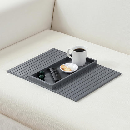Bamboo Couch Arm Tray Table，Foldable Sofa Armrest Tray Table for Couch，Flexible and Anti-Slip Couch Arm Cup Holder，Portable Sofa Arm Chair Table for Drink,Cups, Eats，Snacks, Phone, Remote