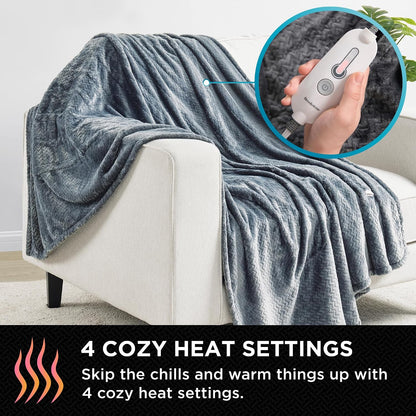 Brookstone Electric Heated Plush Throw - Heated Blankets - 4 Heat Settings, 4-Hour Auto Shut Off, 100% Polyester, 50"x60" - Blue Trellis