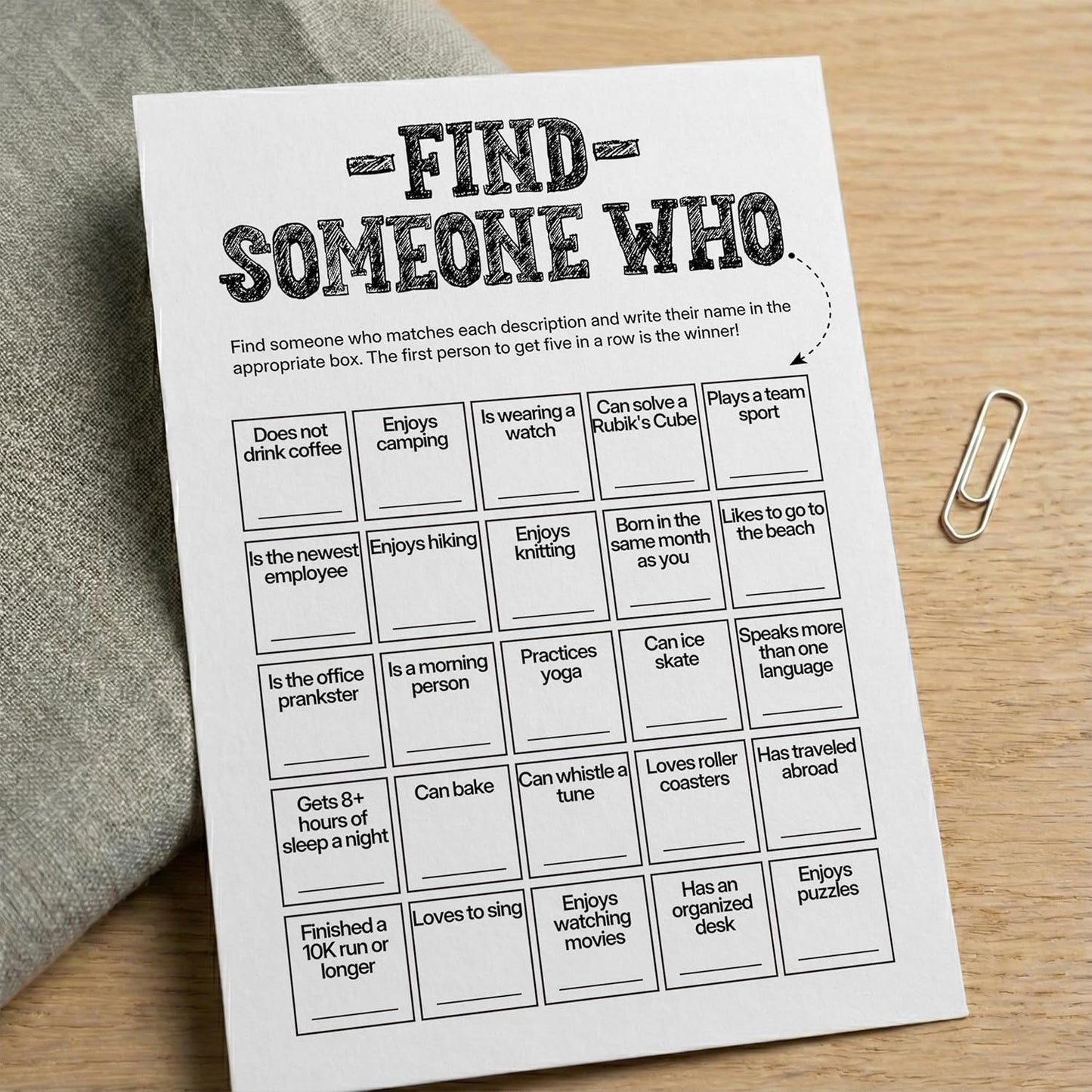 Find Someone Who Bingo Cards, 25 Unique Randomized 5x7 Sheets, Get to Know You Bingo Game for Adults, Ice Breaker Office Party Games, Team Building Games for Work, High Replay Value - A05