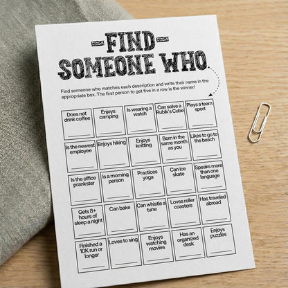 Find Someone Who Bingo Cards, 25 Unique Randomized 5x7 Sheets, Get to Know You Bingo Game for Adults, Ice Breaker Office Party Games, Team Building Games for Work, High Replay Value - A05