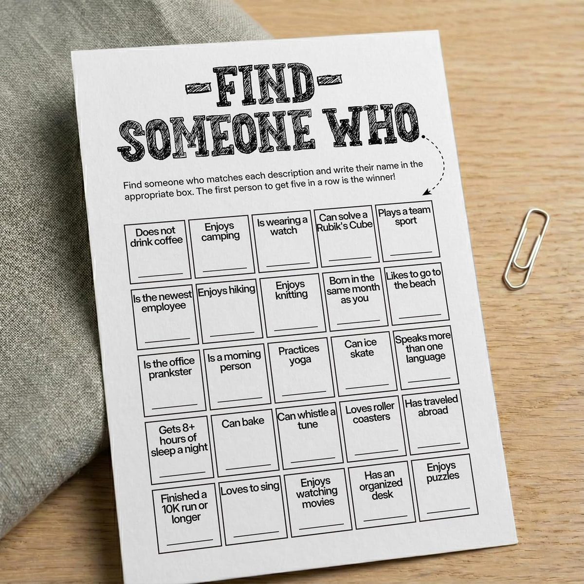 Find Someone Who Bingo Cards, 25 Unique Randomized 5x7 Sheets, Get to Know You Bingo Game for Adults, Ice Breaker Office Party Games, Team Building Games for Work, High Replay Value - A05
