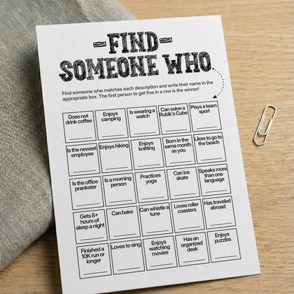 Find Someone Who Bingo Cards, 25 Unique Randomized 5x7 Sheets, Get to Know You Bingo Game for Adults, Ice Breaker Office Party Games, Team Building Games for Work, High Replay Value - A05
