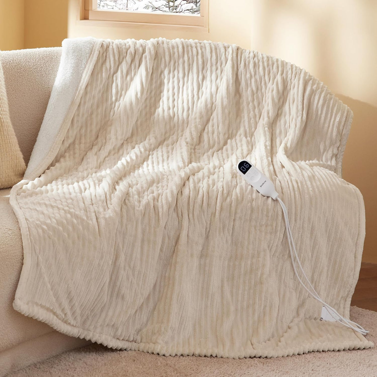 Bedsure GentleSoft Heated Blanket Throw - Soft Ribbed Flannel Electric Blanket, Gifts for Grandma (50x60 inches, Grey)
