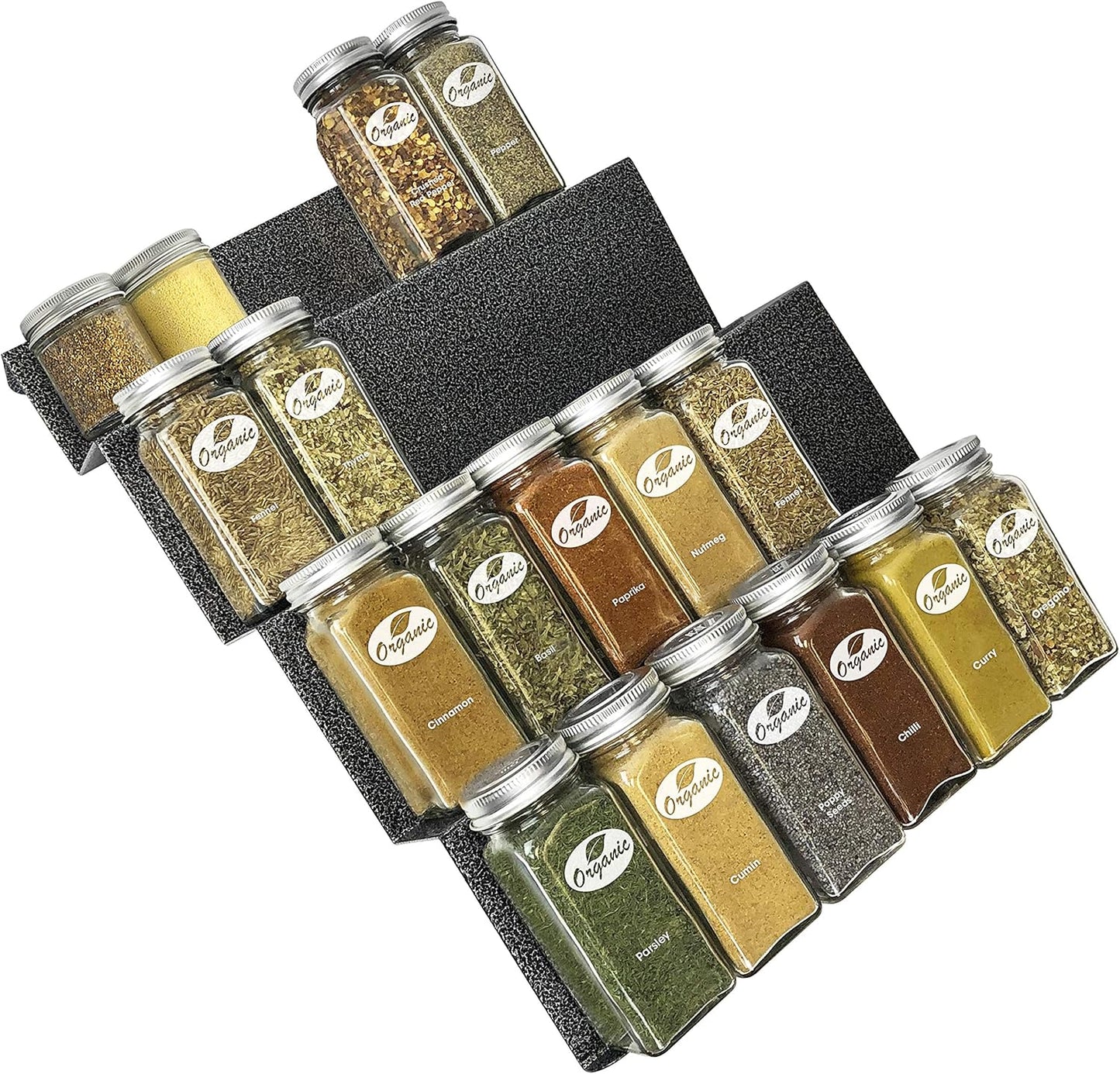 LYNK PROFESSIONAL® Spice Drawer Organizer - Heavy Gauge Steel 4 Tier Rack - Drawer Insert Tray for Jars, Herbs and Seasoning - Kitchen Cabinet Storage - Silver Metallic, Large
