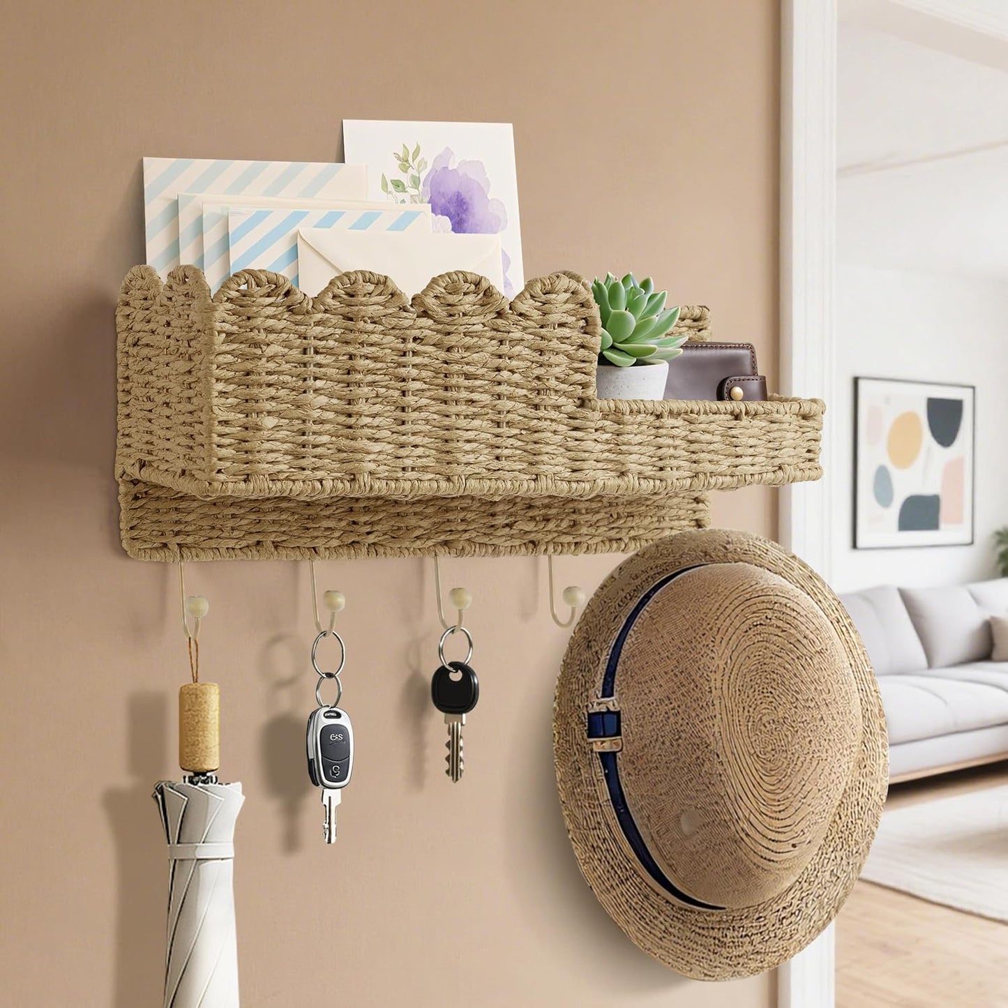 Scalloped Woven Wall Mount Key Holder with 5 Hooks, Decorative Paperstraw Mail Organizer for Entryway, Wave Design Ratten Key Rack, Entryway Organizer, Living Room & Hallway Decor, Natural