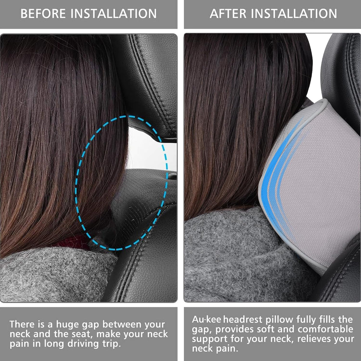 Aukee Car Headrest Pillow Memory Foam Car Neck Pillow with Adjustable Strap Soft Leather Headrest for Driving Home Office Black (1PC)
