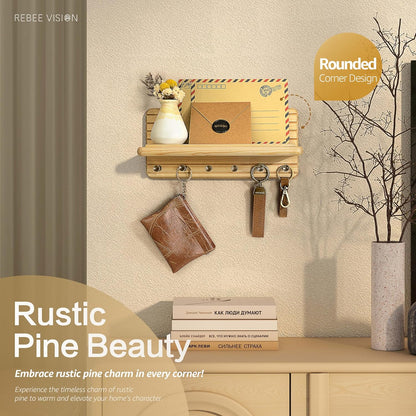 Rebee Vision Pine Wood Key Holder Wall Mount with Shelf for Entryway, Brown | 6 Key Hooks, Round Corner, Smooth&Hand-Friendly, Clear Wood Texture, Space-Saving Design, Organize Mail & Letter