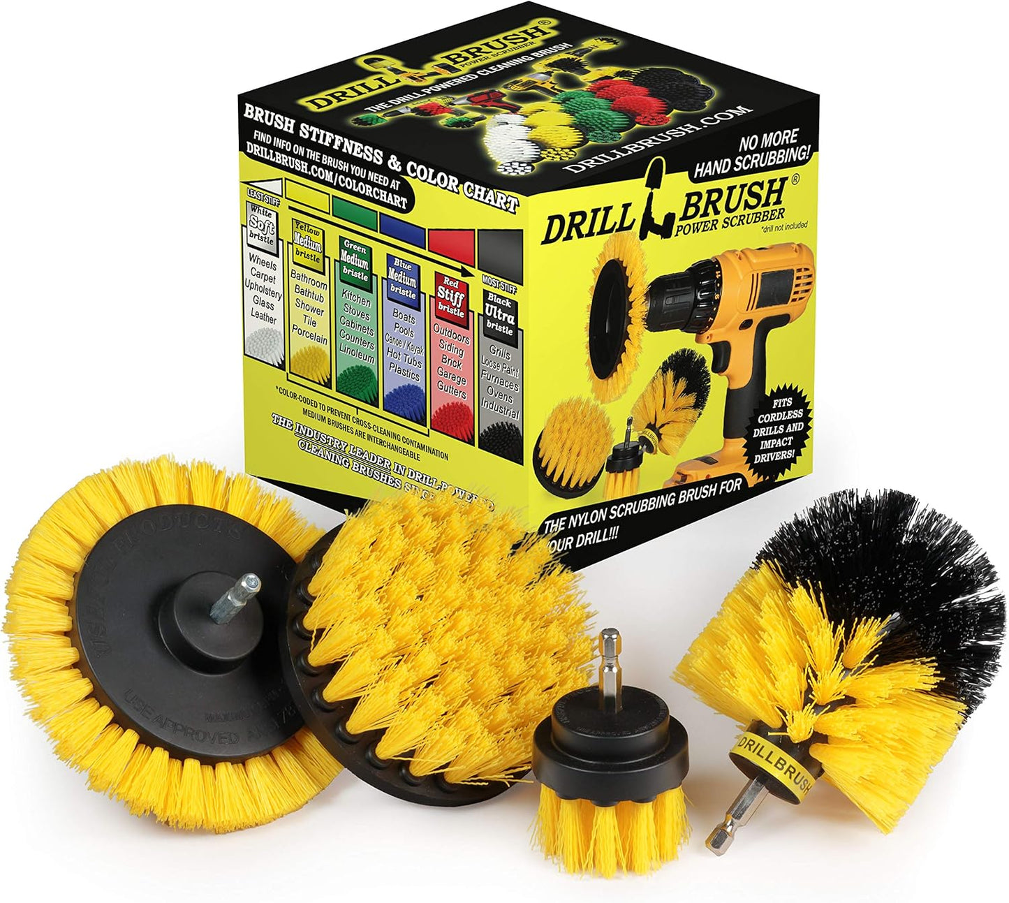 Yellow Drill Brush Attachments for Cleaning Shower, Grout Lines, Bathroom | Grout Cleaner Drillbrush Kit - Rotary Scrub Brush Tile Cleaner Drill Attachment for Crevices - Bathroom Tile Scrubber Set