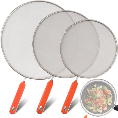 Roe & Moe Splatter Screens - Stainless Steel Splatter Screens for Frying Pan with Insulated Handles - Grease Splatter Guards For Frying Pan that Lets You Create Masterpieces with Ease (Pack of 3)
