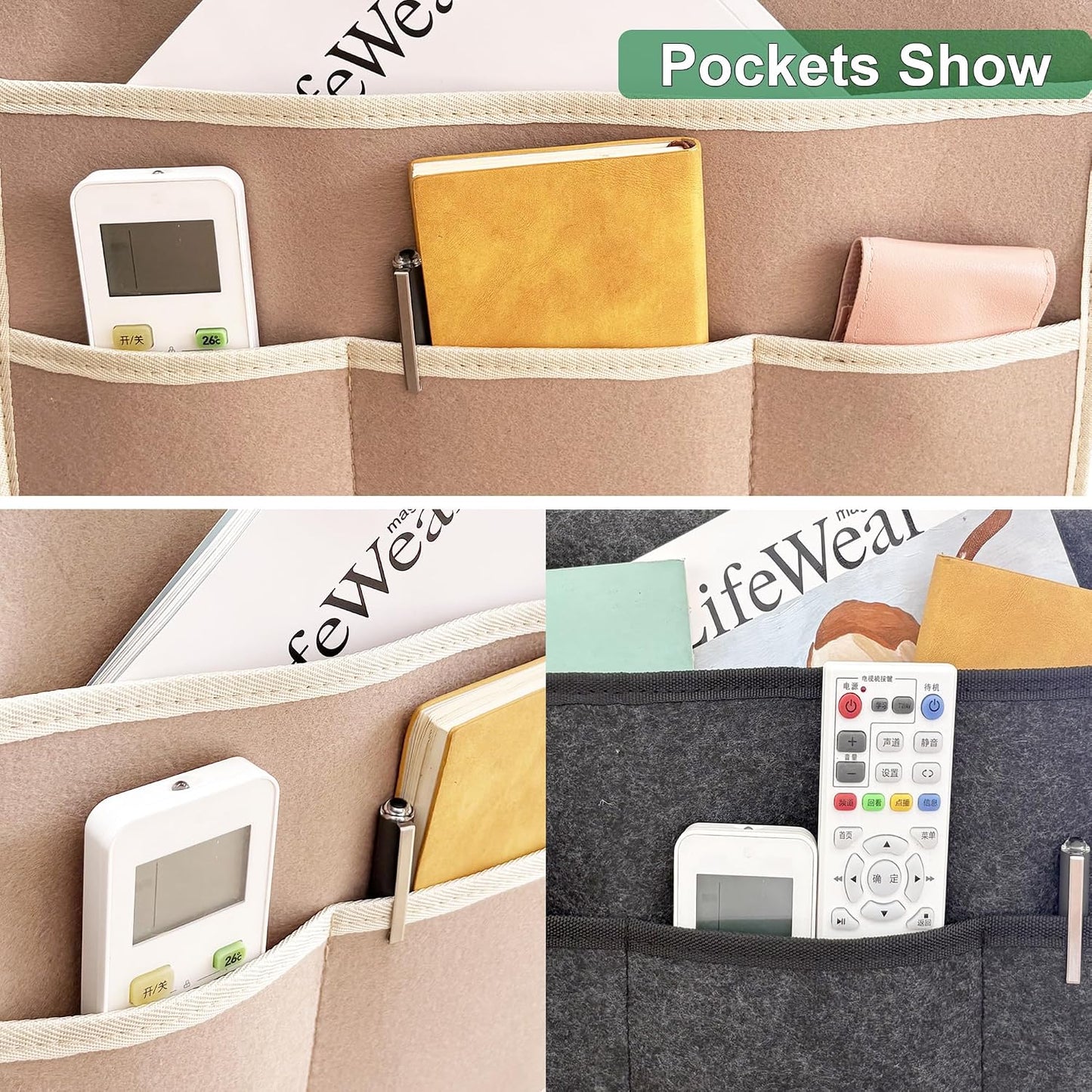 Bedside Caddy, Sofa Caddy, Storage Organizer Pocket for Dorm, Bedroom, 5 Pockets Felt Organizer for Magazine, Remote, Phone, Tablet, Pad, Glasses, Pen, Remote Control (Light Grey-Short)