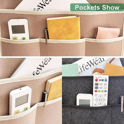 Bedside Caddy, Sofa Caddy, Storage Organizer Pocket for Dorm, Bedroom, 5 Pockets Felt Organizer for Magazine, Remote, Phone, Tablet, Pad, Glasses, Pen, Remote Control (Light Grey-Short)