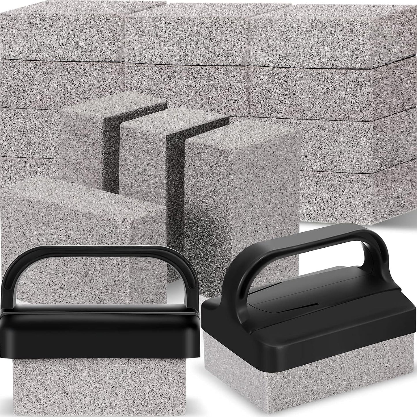 Kacctyen 16 Pcs Pumice Stones Scrubbing Grill Griddle Cleaning Brick Block Grill Cleaning Stone Griddle Scrubber Cleaner with 2 Pcs Handle for Outdoor BBQ Oven Flat Top Cookers Remove Greases Stains