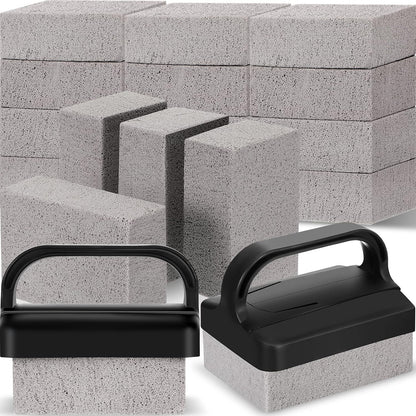 Kacctyen 16 Pcs Pumice Stones Scrubbing Grill Griddle Cleaning Brick Block Grill Cleaning Stone Griddle Scrubber Cleaner with 2 Pcs Handle for Outdoor BBQ Oven Flat Top Cookers Remove Greases Stains