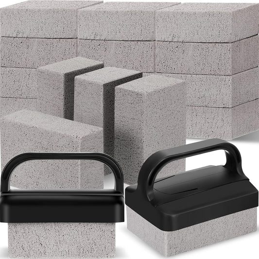 Kacctyen 16 Pcs Pumice Stones Scrubbing Grill Griddle Cleaning Brick Block Grill Cleaning Stone Griddle Scrubber Cleaner with 2 Pcs Handle for Outdoor BBQ Oven Flat Top Cookers Remove Greases Stains