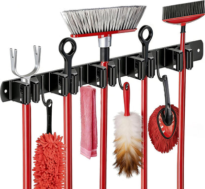 SUS304 5 Racks and 4 Hooks Mop and Broom Holder Wall Mount | Heavy Duty Self Adhesive Solid Non-slip Broom Organizer Storage Tool Racks for Home Kitchen Garden Laundry Garage