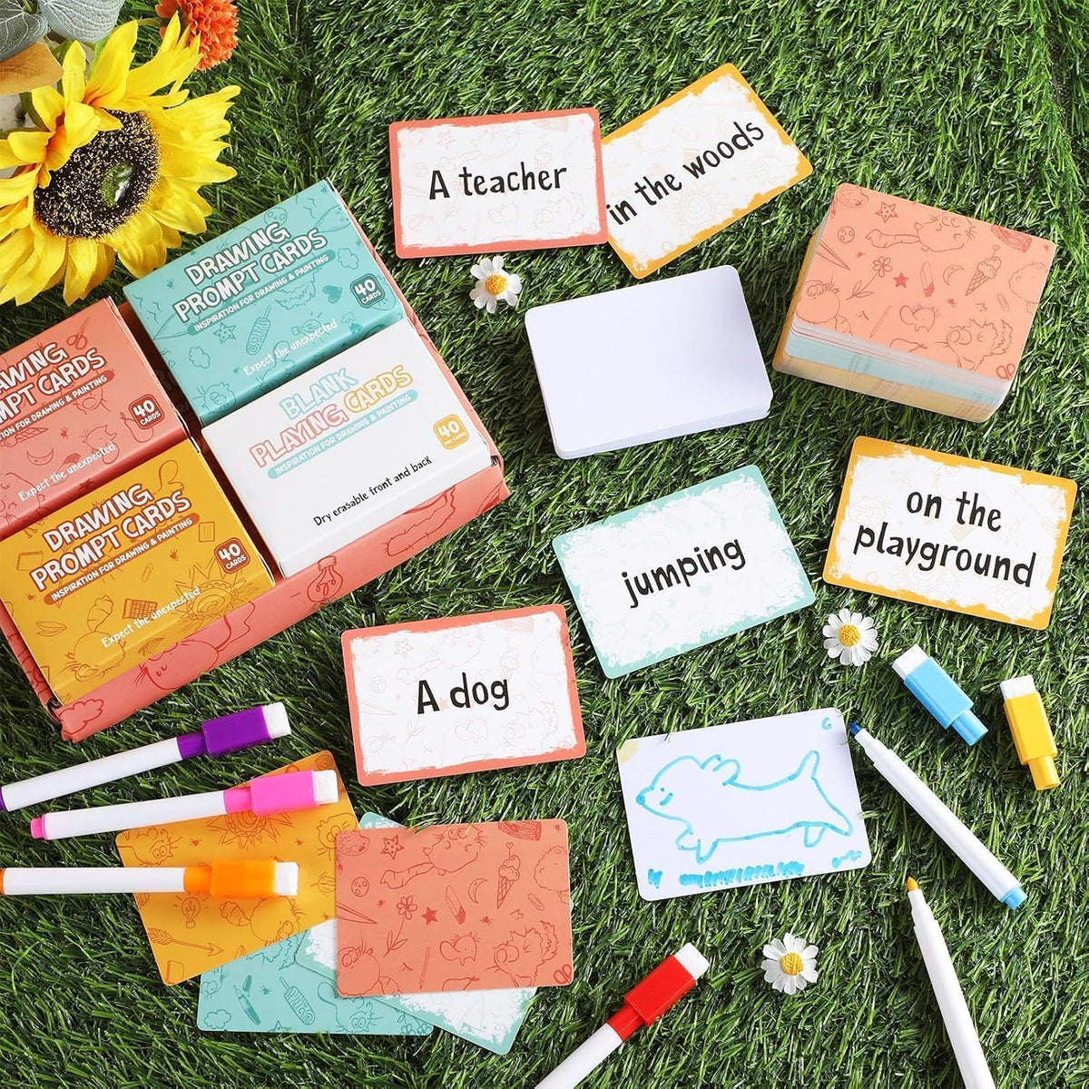 160Pcs Drawing Prompt Card for Creative Inspiration Unique Art Prompts with Characters Actions Places Include 40 Blank Dry Erase Cards Painting Ideas Game for Studio Classroom Artists Teachers Gift