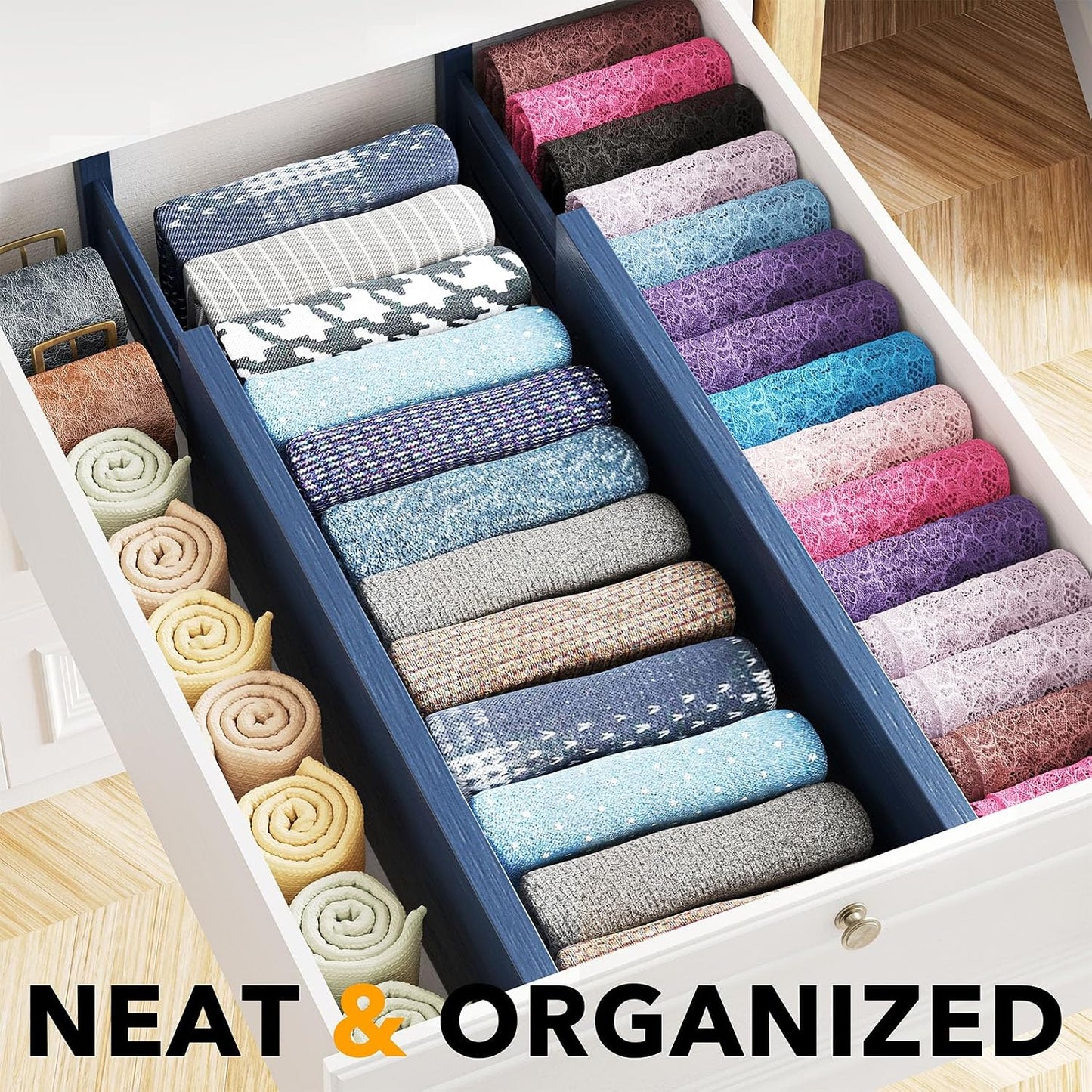SpaceAid Bamboo 4 Pack Dresser Drawer Dividers, 4.65“ High Adjustable 12.5“-17” Drawer Organizers, Expandable Organization for Clothing, Clothes, Dressers, Black