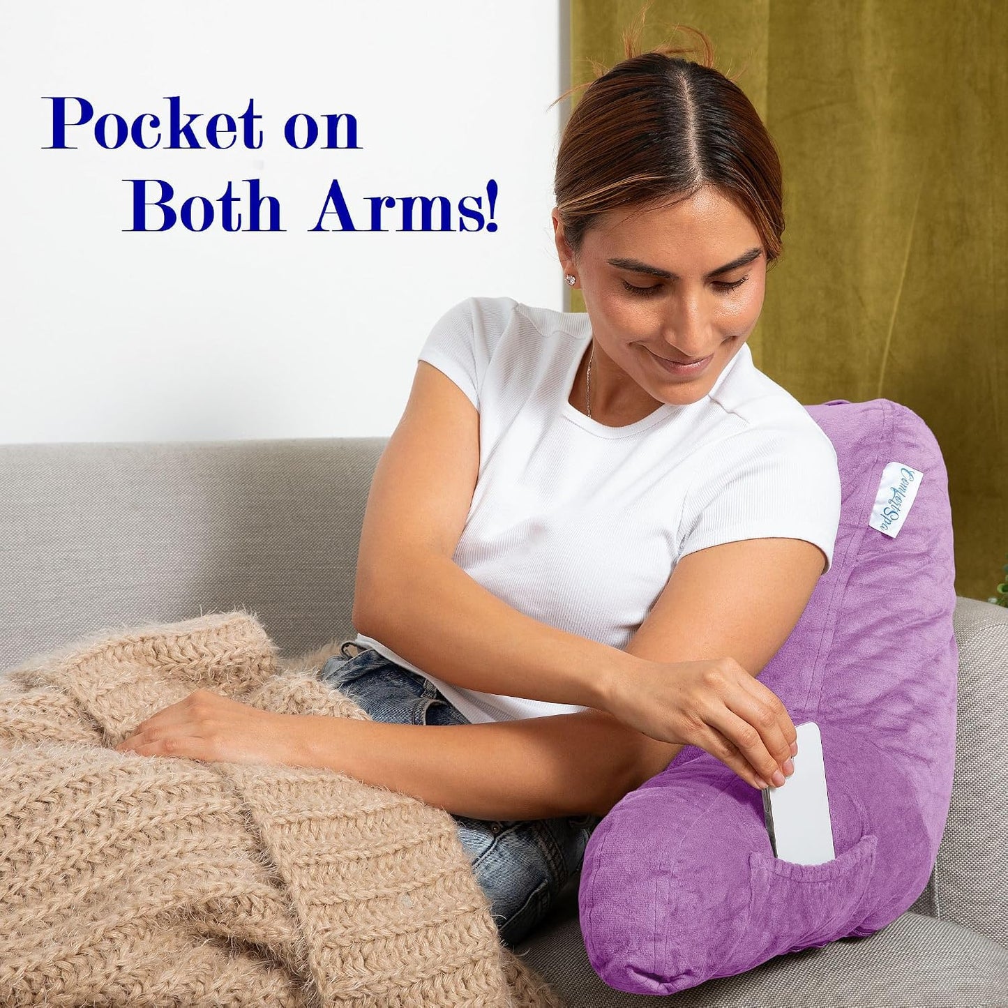 Reading Pillow for Bed with Arms Pockets for Adults, Large Grey | Bed Pillow for Sitting Up for Nursing, Breast Feeding, Bedrest or Relief from GERD or Heartburn; Removable, Washable Cover