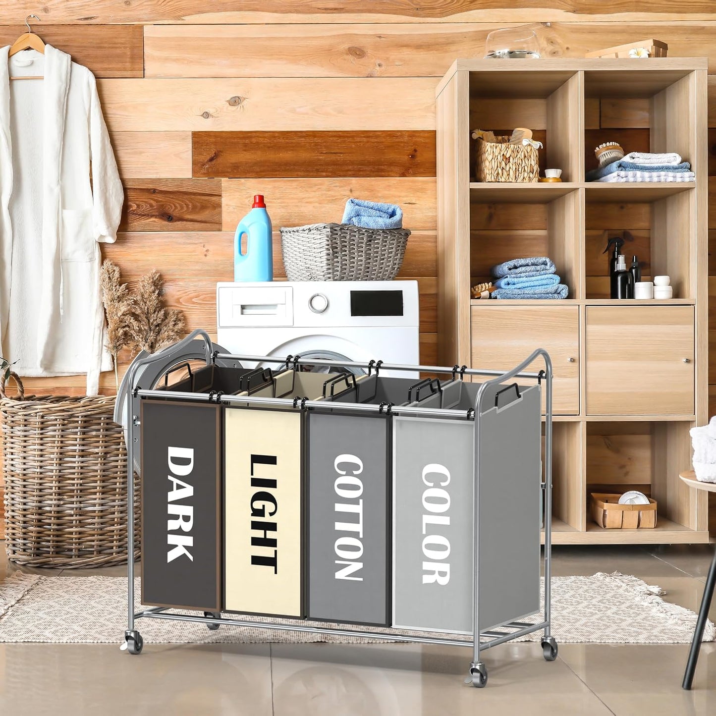 Simple Houseware 4-Bag Heavy Duty Laundry Sorter Rolling Cart, Dark Grey | Removable Bags and Lockable Wheels for Laundry Room Organization