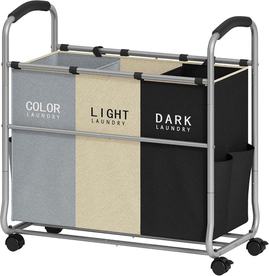 Laundry Sorter 4 Sections with Removable Bags, 4 Colors | Laundry Separator Hamper with Heavy Duty Lockable Rolling Wheels, Laundry Divider for Dirty Clothes Storage, 4 Colors