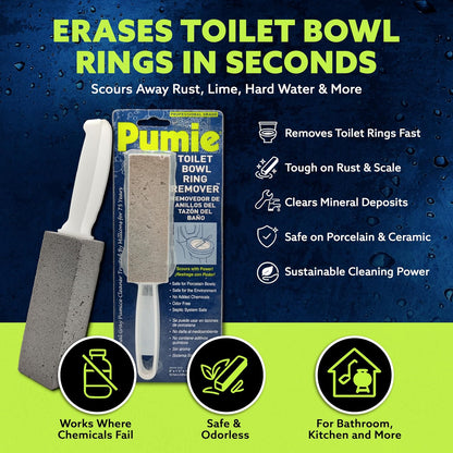 PUMIE Pumice Stone Toilet Bowl Cleaner (1-Pack) - Heavy Duty Scouring Stick for Toilet - Pumice Stone for Cleaning Rings, Bowls, Hard Water Stains, Lime, Rust, Sink - Includes Handle for Easy Use