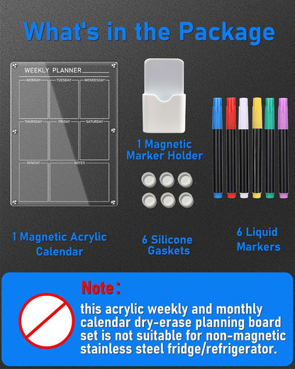 Weekly Acrylic Magnetic Calendar Dry Erase Board for Fridge, 12x16 in | Clear Weekly Planner Whiteboard for Refrigerator, Durable Material, Powerful Magnets, Smooth Writing and Easy Cleaning