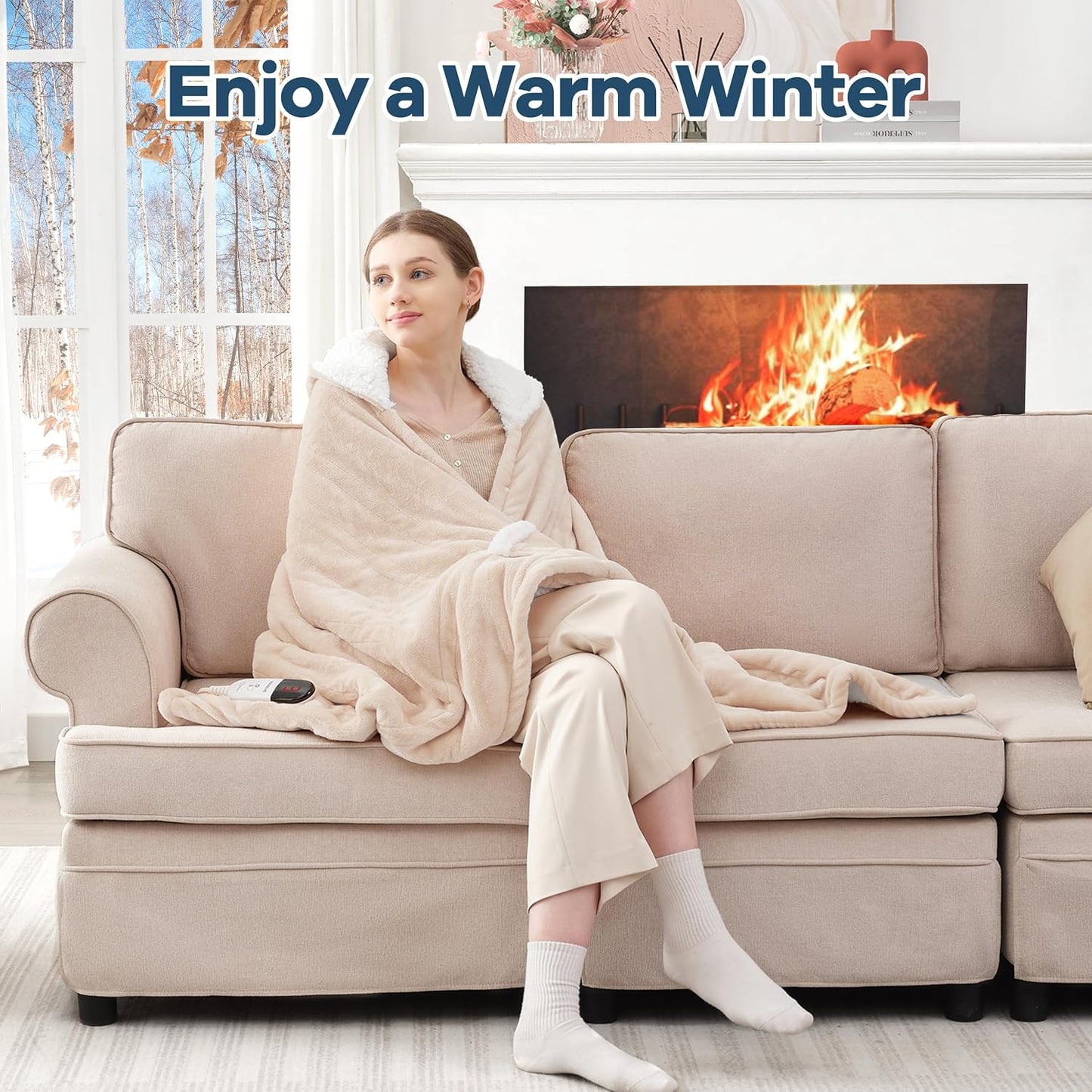 MAXEVE Heated Wearable Blanket with Foot Pocket & Sleeves Electric Snuggle | Heating Throw, 6 Levels & 4H Auto Shut Off, Machine Washable (Long, Grey)