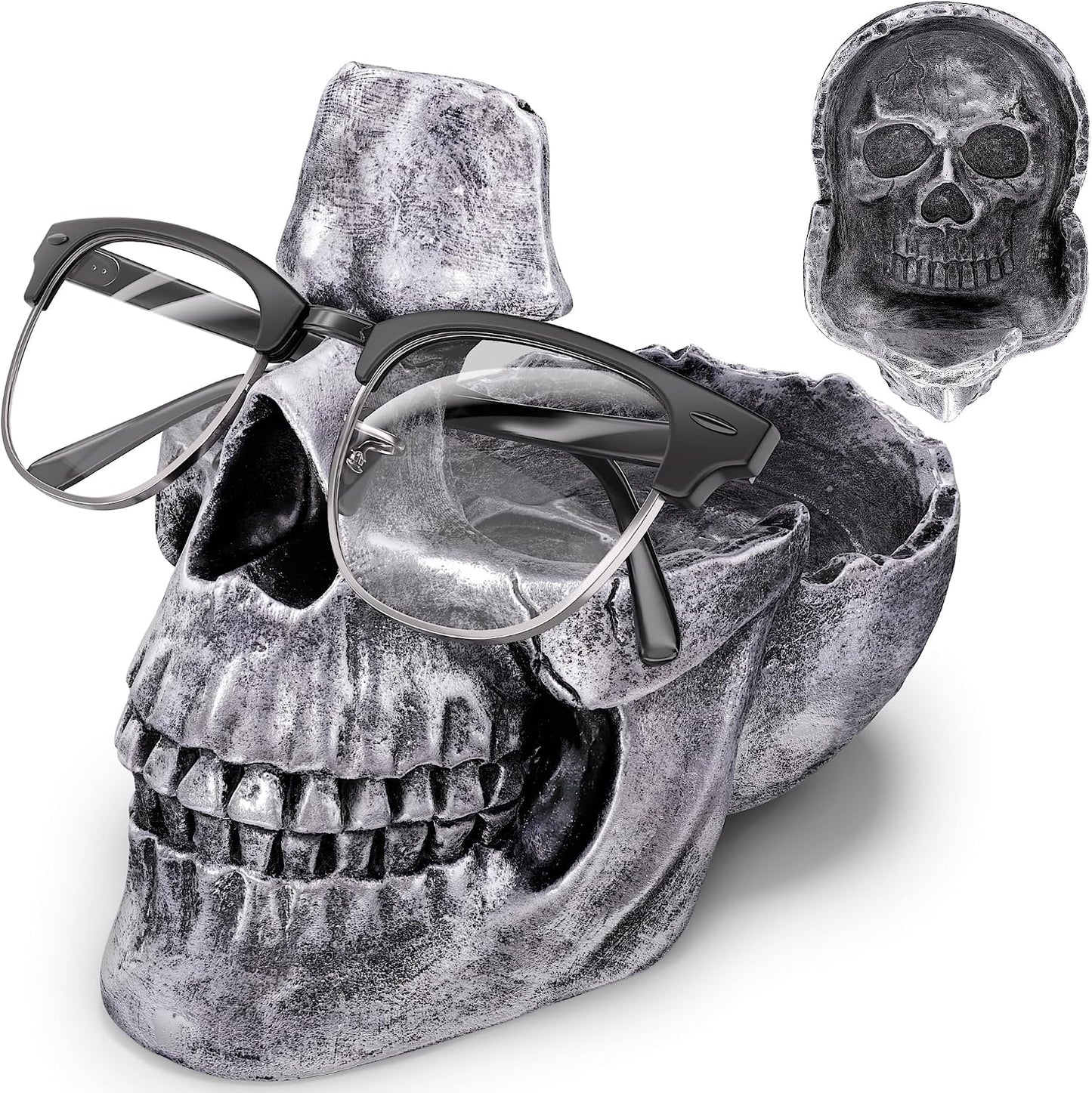 READAEER Skull Glasses Stand Holder, Creative Eyeglasses Holder, Sunglasses Spectacle Display Rack, Key Holder Resin Sculptures for Entryway, Home, Office, Desk, Nightstand (White)