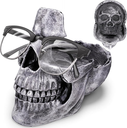 READAEER Skull Glasses Stand Holder, Creative Eyeglasses Holder, Sunglasses Spectacle Display Rack, Key Holder Resin Sculptures for Entryway, Home, Office, Desk, Nightstand (White)