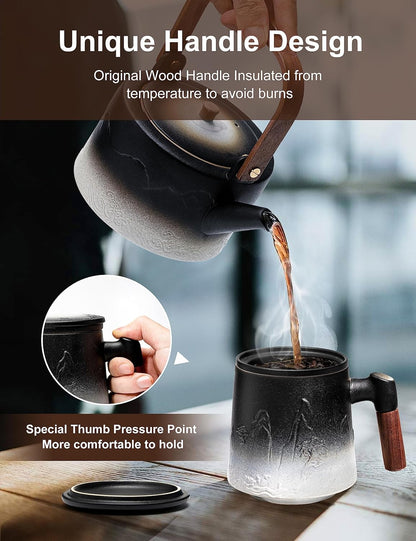 suyika Tea Cup with Infuser and Lid, 15.2 Ounce Wood Handle Ceramic Loose Leaf Mug Gradient Black&Green 450ml