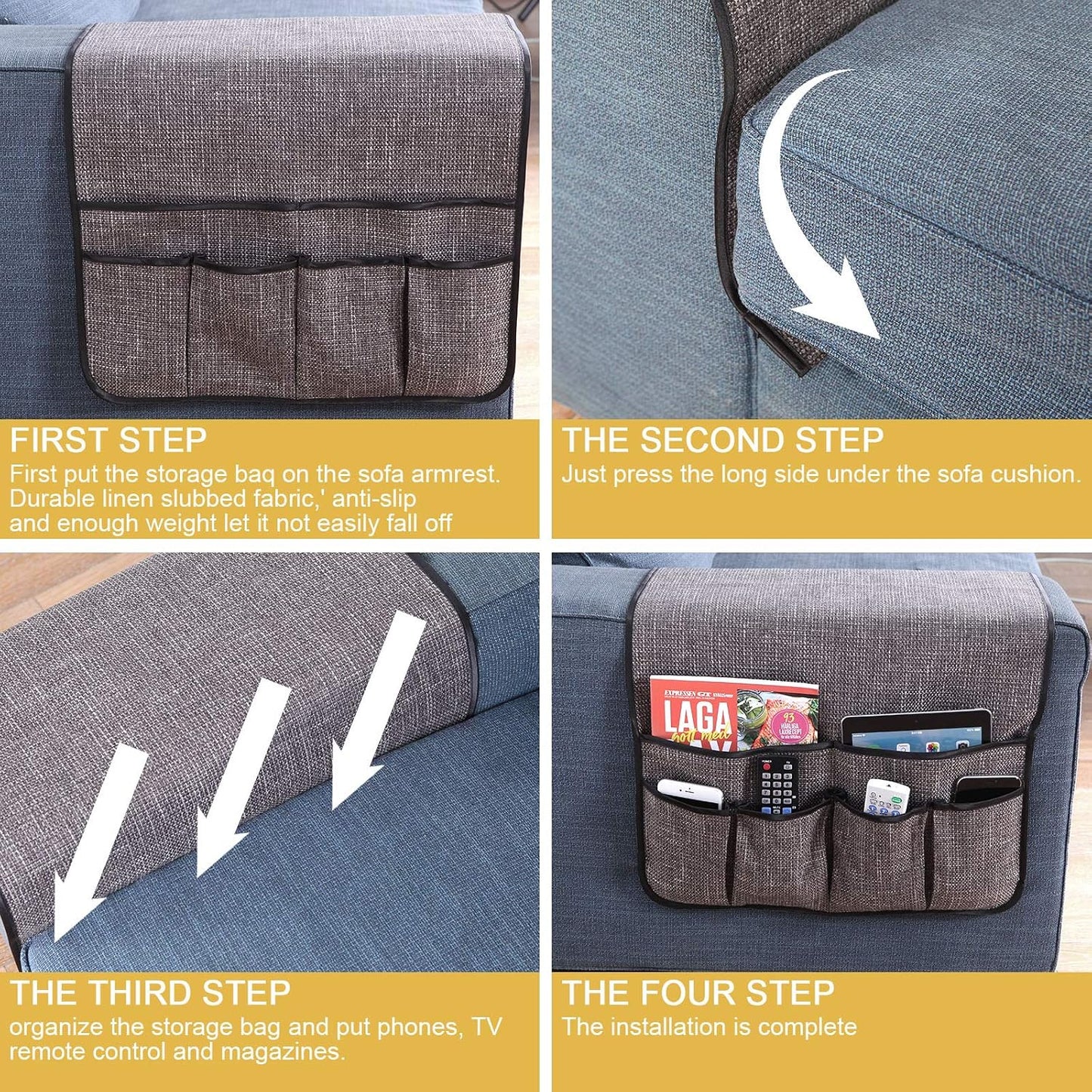 Sofa Armrest Organizer Non-Slip Remote Control Holders for Recliner Couch Chair Armchair Caddy with 5 Pockets for Table,Cell Phone,Ipad,Magazines,Books (Black, 13 x 35 Inch)