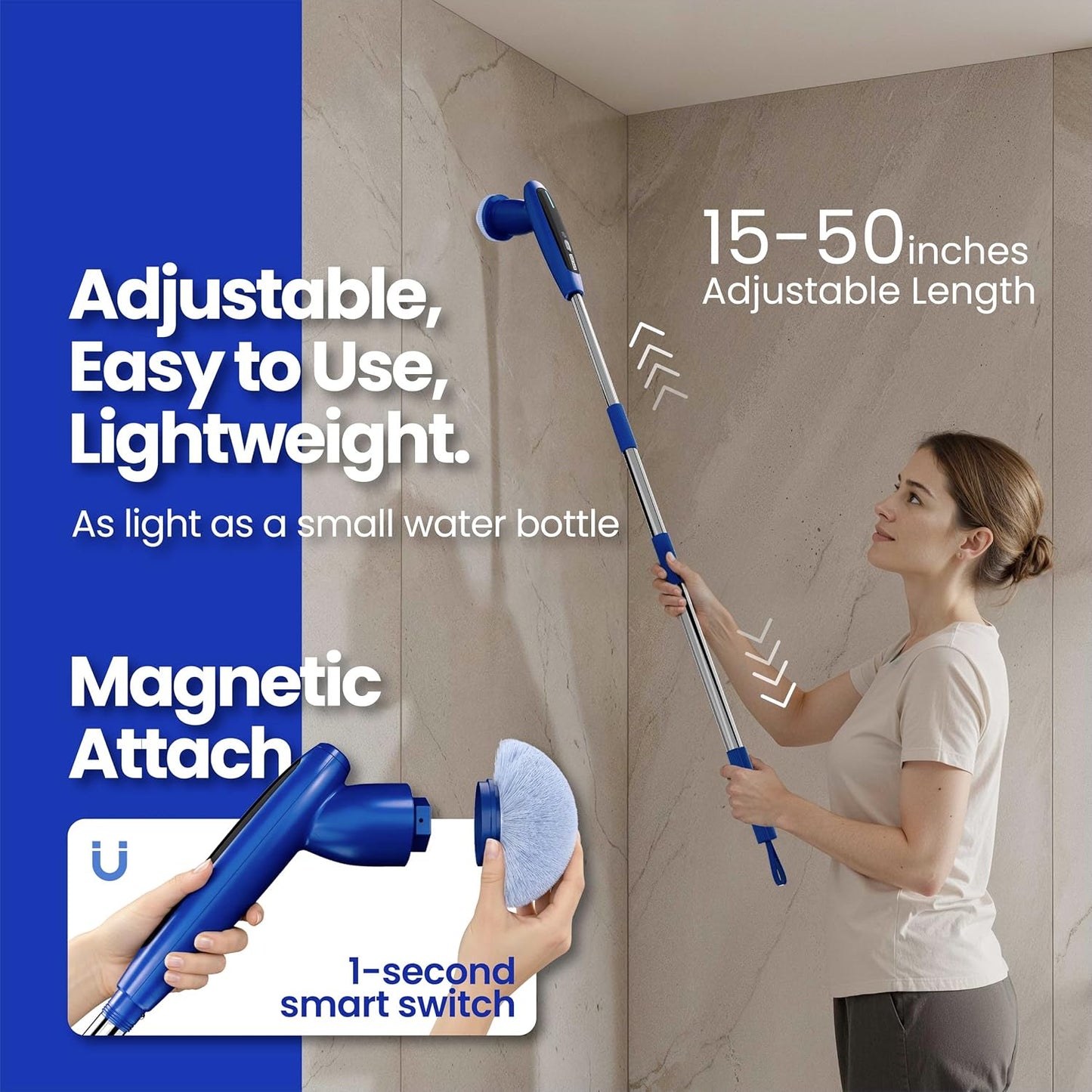 2026 Upgraded Electric Spin Scrubber: 120 Min Runtime, IPX7 Waterproof Cordless Power Scrubber, Adjustable Extension Handle, 8 Heads, 2 Speeds for Shower, Tub, Tile & Floor
