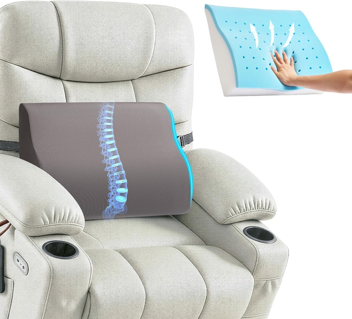 Dual-Layer Memory Foam Lumbar Support Pillow for Recliner, Grey