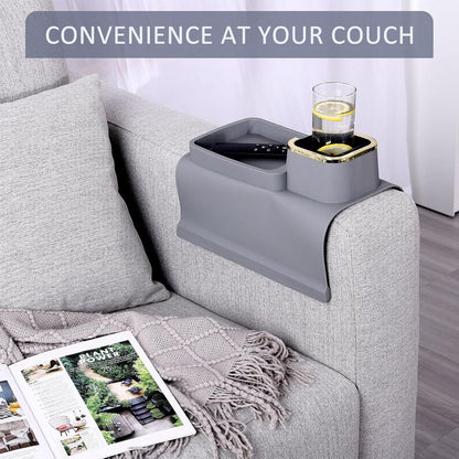 HMASYO Couch Cup Holder Tray – Weighted Silicone Sofa Armrest Organizer Table with Anti-Spill Coaster, Easy Reach for Drink, Snacks, Remote & Phone, Non-Slip Base, Easy Clean