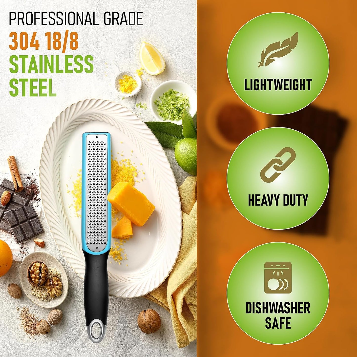 Spring Chef Stainless Steel Lemon Zester - Garlic & Ginger Grater - Gray | Premium Zester with Blade Cover, Cheese Grater with Handle for Parmesan, Nutmeg, Lime - Durable Citrus Zester, Fine Shred
