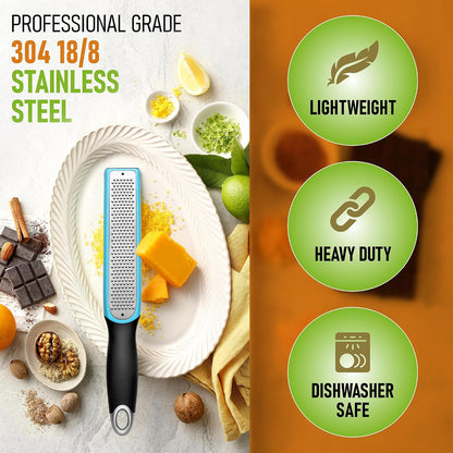 Spring Chef Stainless Steel Lemon Zester - Garlic & Ginger Grater - Gray | Premium Zester with Blade Cover, Cheese Grater with Handle for Parmesan, Nutmeg, Lime - Durable Citrus Zester, Fine Shred