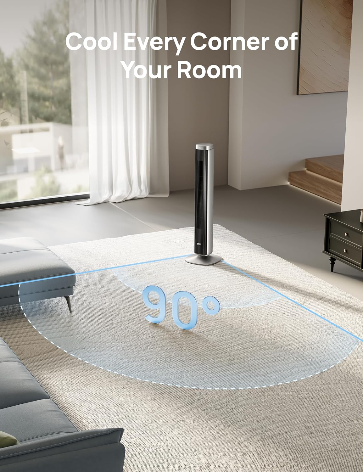 DREO Smart Tower Fan for Bedroom, 90° Oscillating Fan, 26ft/s Wind, 28dB