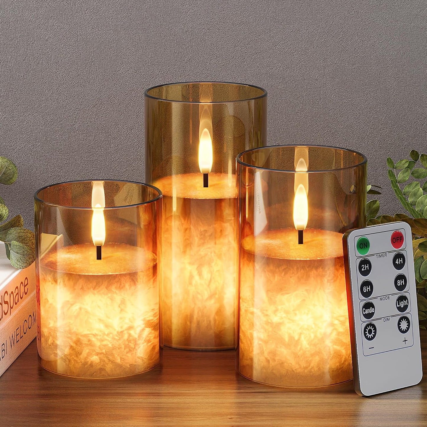 Battery Operated Flameless Candles with Remote & Timer, Gold Glass 3Pack | Real Wax Crystal Texture, D3×H4/5/6", 2/4/6/8H Timer, Dimming, Flickering Realistic LED Candles for Wedding Table Decor
