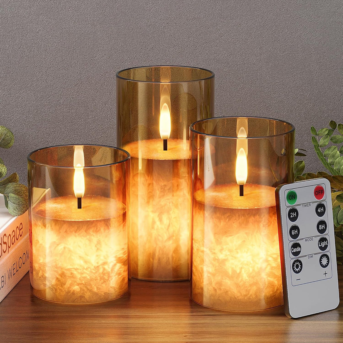 Battery Operated Flameless Candles with Remote & Timer, Gold Glass 3Pack