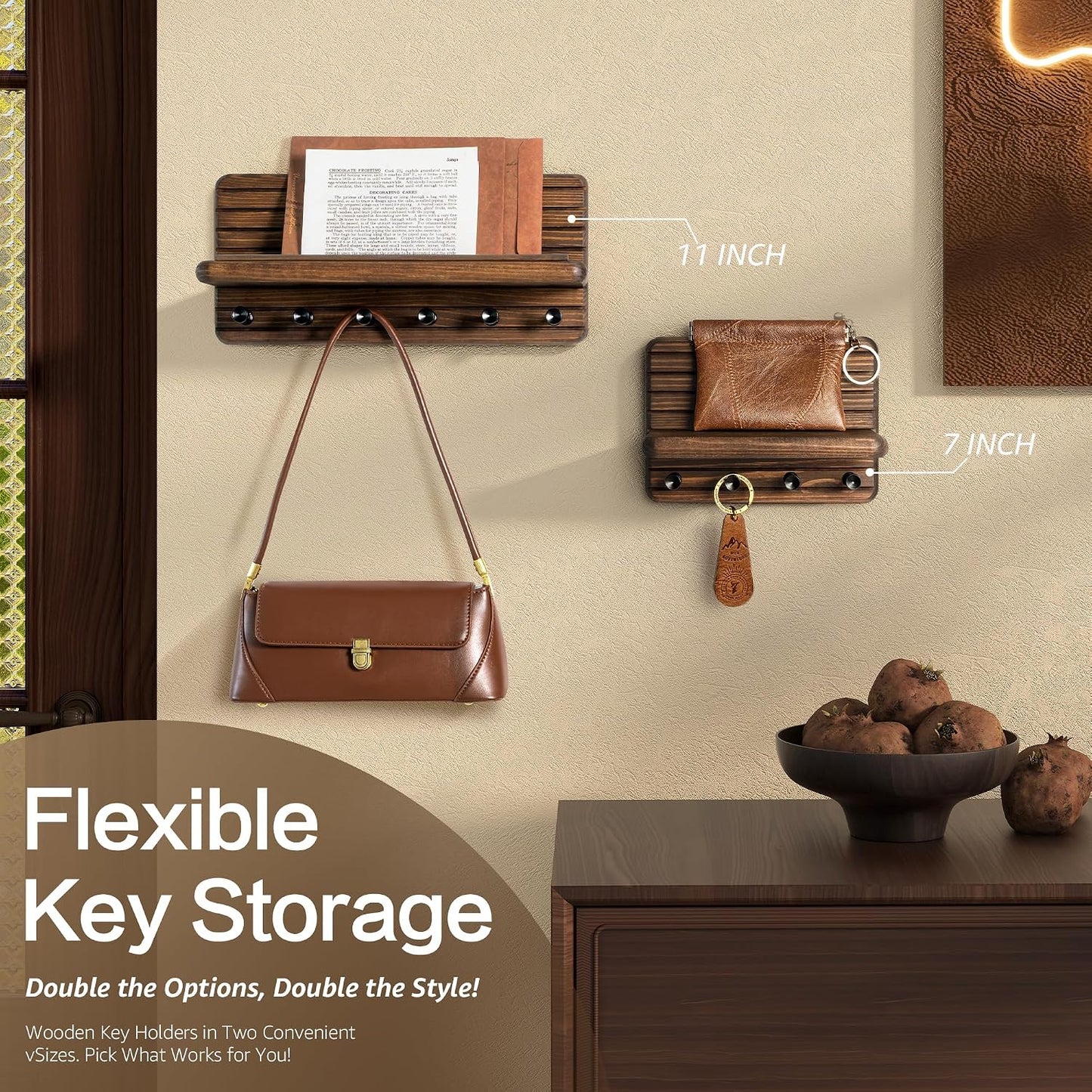 Rebee Vision Pine Wood Key Holder Wall Mount with Shelf for Entryway, Brown | 6 Key Hooks, Round Corner, Smooth&Hand-Friendly, Clear Wood Texture, Space-Saving Design, Organize Mail & Letter