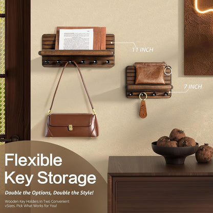 Rebee Vision Pine Wood Key Holder Wall Mount with Shelf for Entryway, Brown | 6 Key Hooks, Round Corner, Smooth&Hand-Friendly, Clear Wood Texture, Space-Saving Design, Organize Mail & Letter