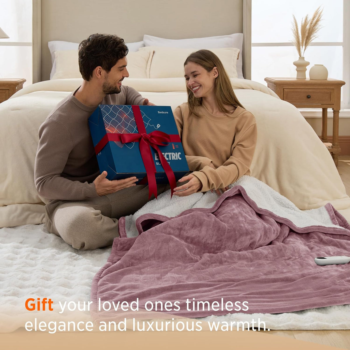 Bedsure Heated Blanket Throw, Soft Electric Blanket with Preheat, Cream