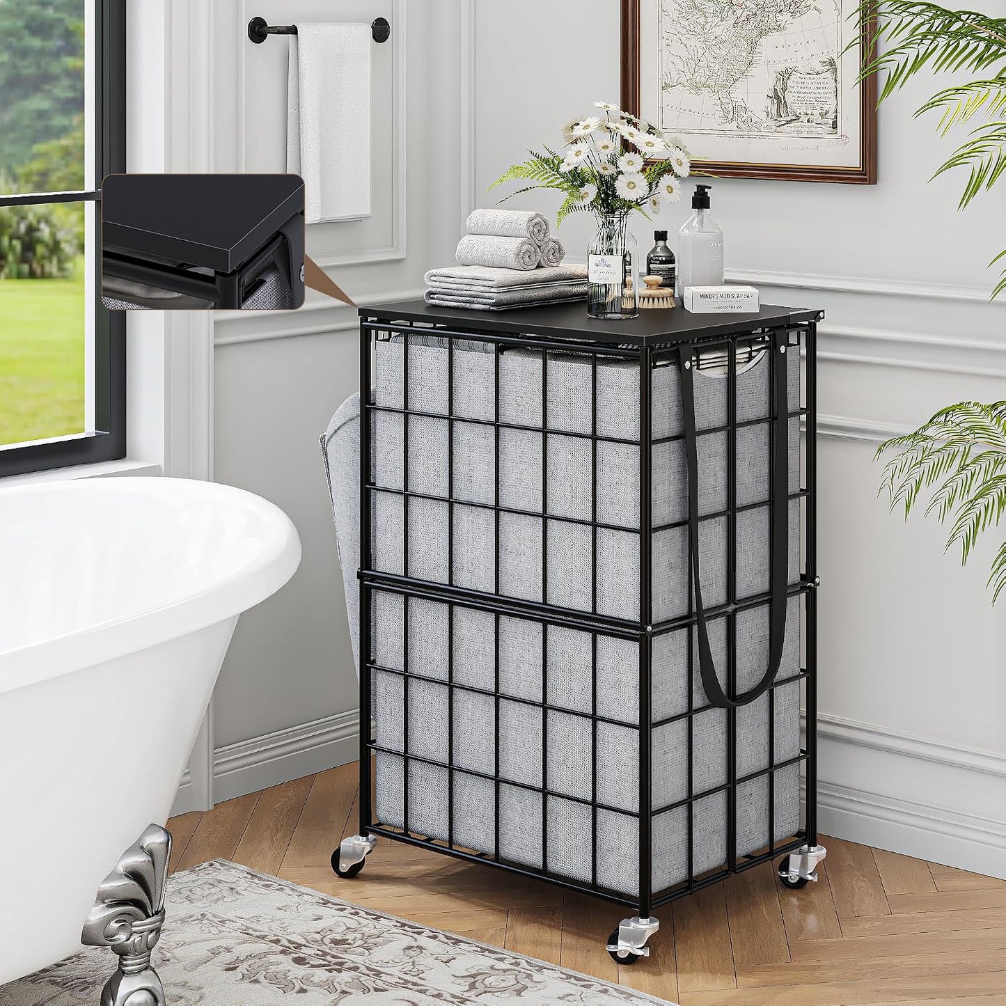 90L Laundry Basket with Wheels, Large Capacity Laundry Hamper with Removable Liner Bags, Heavy Duty Laundry Sorter with Solid Wood Lid & Leather Handles, Grey