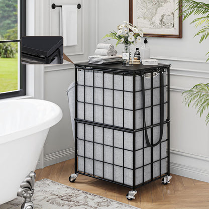 90L Laundry Basket with Wheels, Large Capacity Laundry Hamper with Removable Liner Bags, Heavy Duty Laundry Sorter with Solid Wood Lid & Leather Handles, Grey