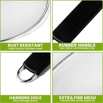 13" Grease Splatter Screen for Cooking | Stainless Steel Oil Splatter Guard and Ultra-Fine Mesh Protects Skin from Burns | TPR Tight-Grip Handle (Red)
