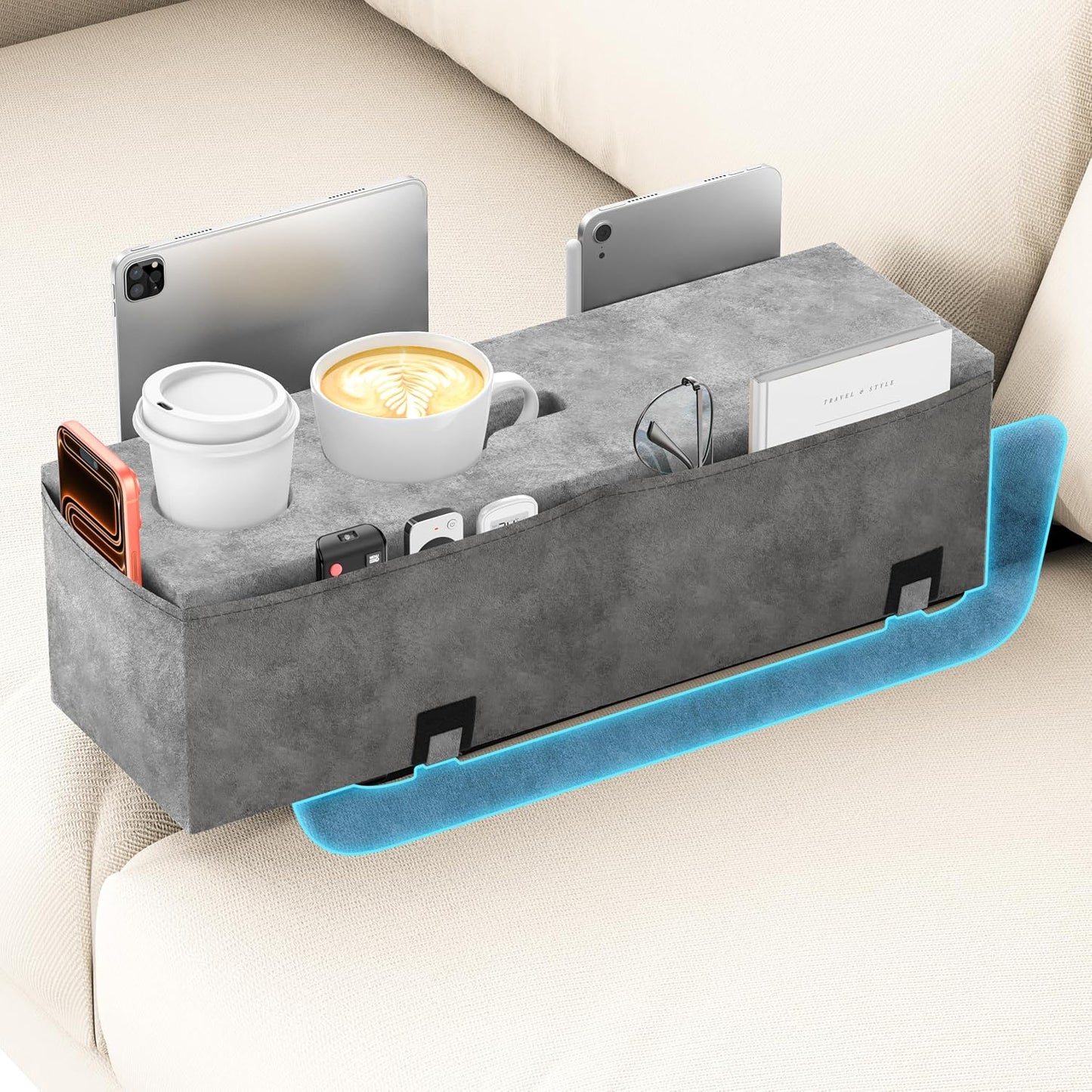 Removable Sofa Armrest Couch Caddy with Cup Holder Insert Between Cushions | Sofa Accessories Storage, Couch Armrest Pillow Table with Drink Holder