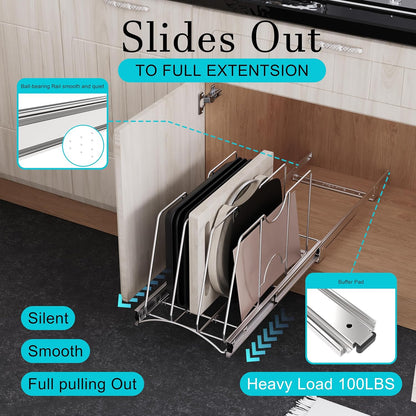 Pull Out Cookie Sheet Organizer, 10" W x 22" D x 11" H, Chrome | For Cabinet, Pan and Pot, Cutting Board, Bakeware, Tray Organizer Rack, Sliding Rack- Heavy Duty, Adjustable Divider Width