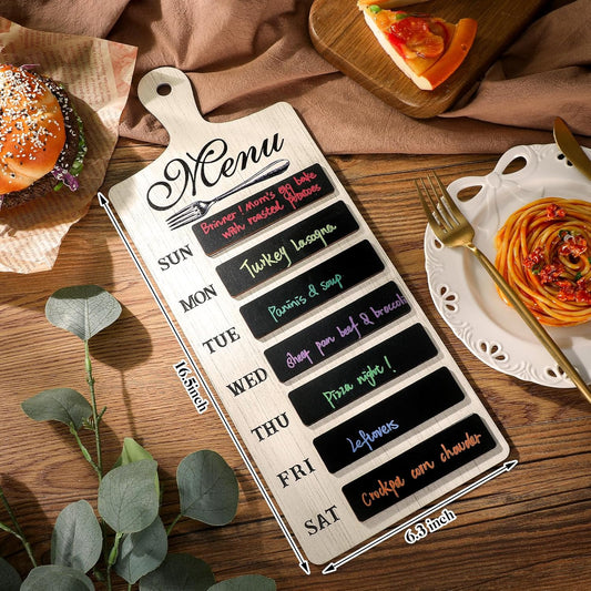 Weekly Menu Board Kitchen 16.5 x 6.3 Inches Wood Menu Planner Board with 7 Markers and Towel Kitchen Weekly Planner Plaque Wall Signs for Dinning Room Home Decor