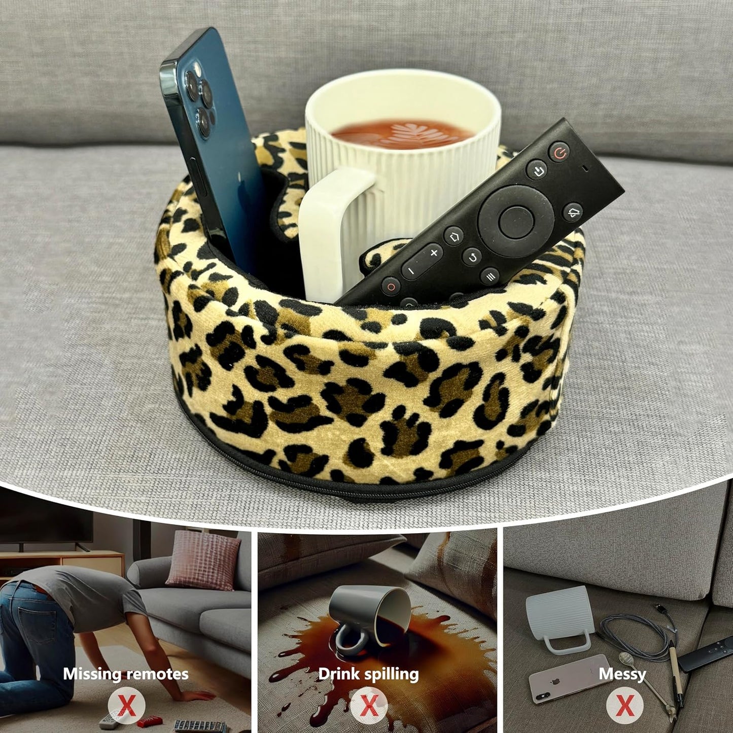Xchouxer Couch Cup Holder Pillow, Sofa and Bed Organizer Caddy for Drinks, Remotes, Phones (Gray)